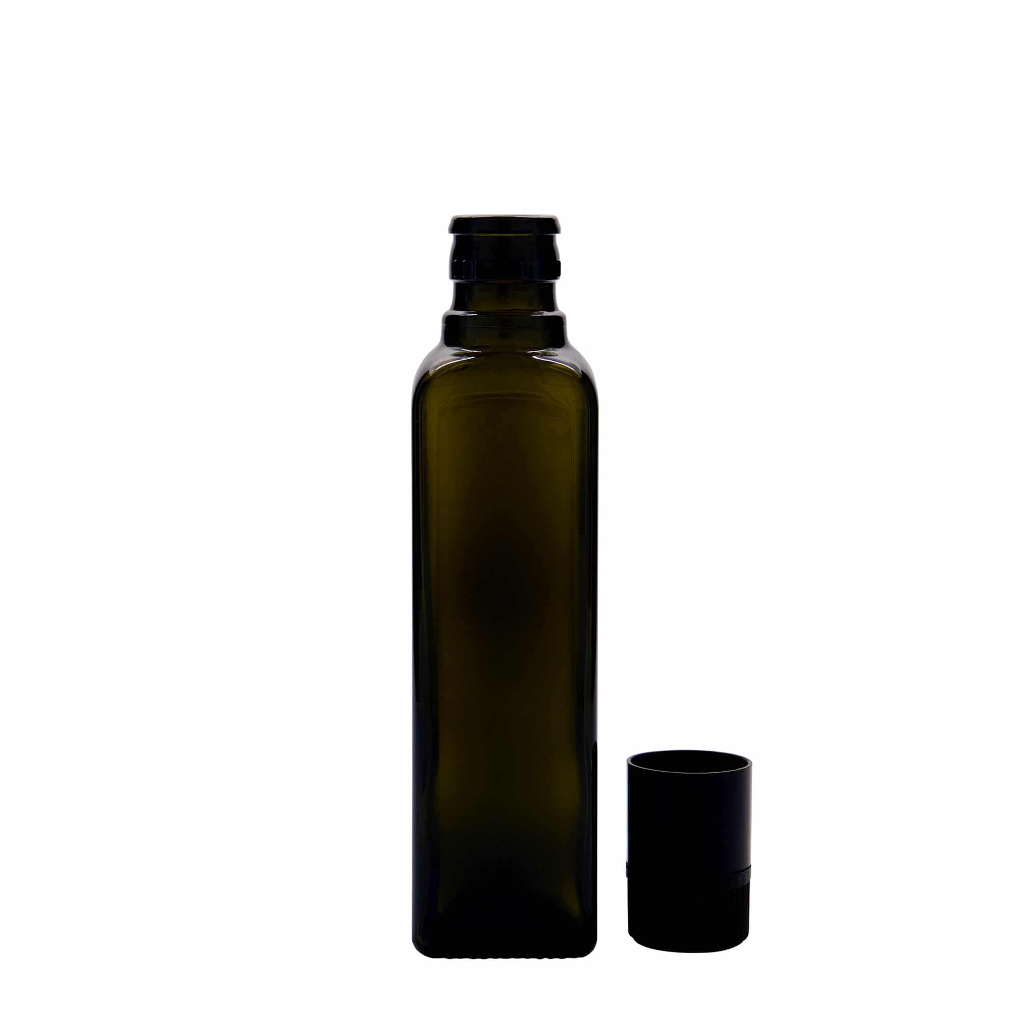 250 ml oil/vinegar bottle 'Quadra', glass, square, antique green, closure: DOP