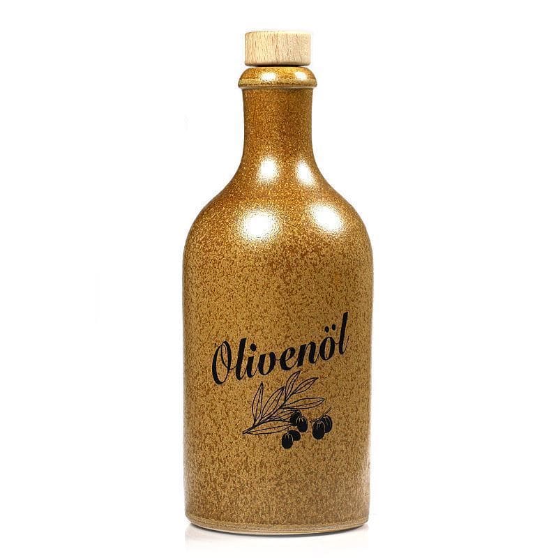 500 ml earthen jug, print: olive oil, stoneware, brown crystal, closure: cork