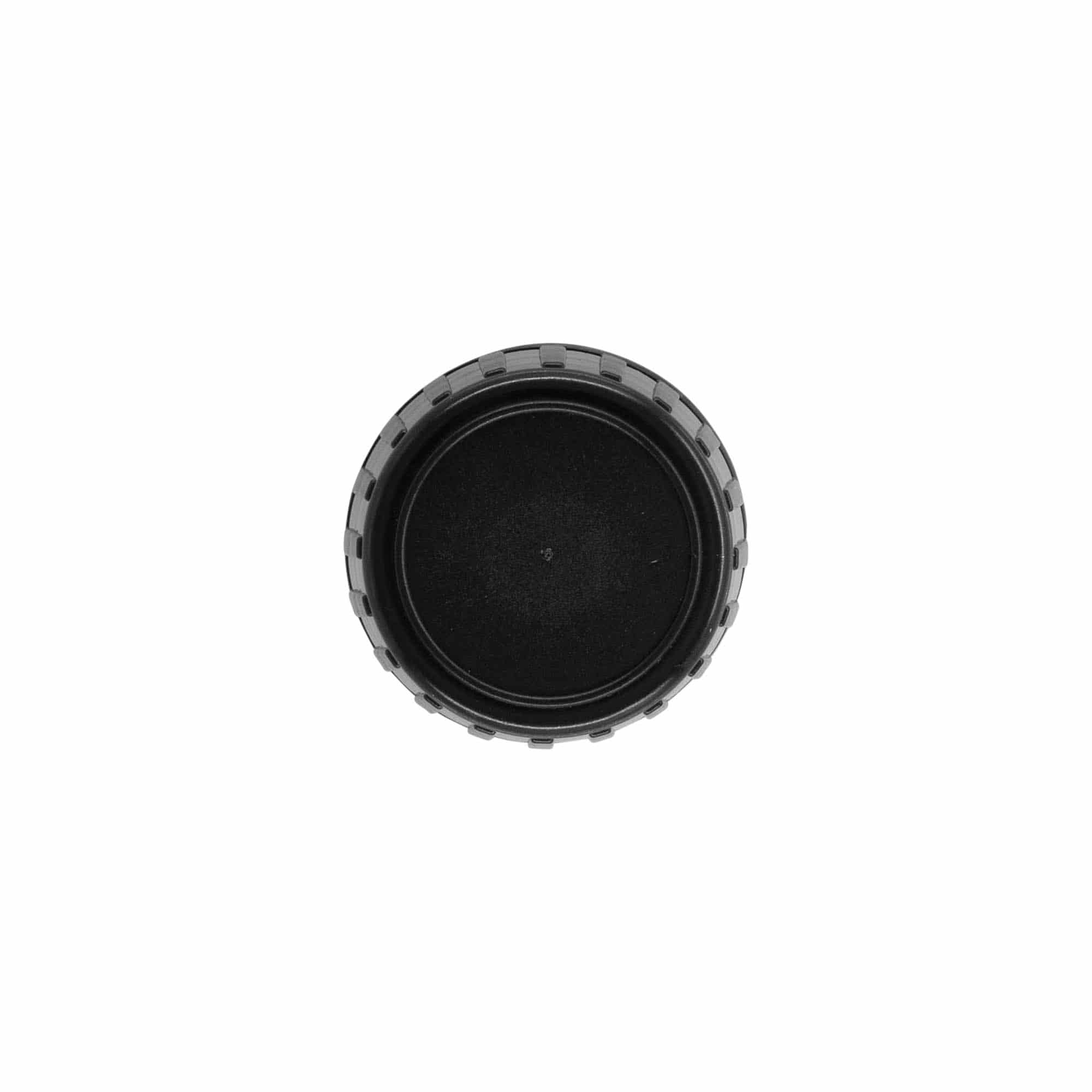 Screw cap with tamper evident seal, PP plastic, black, for opening: DIN 28