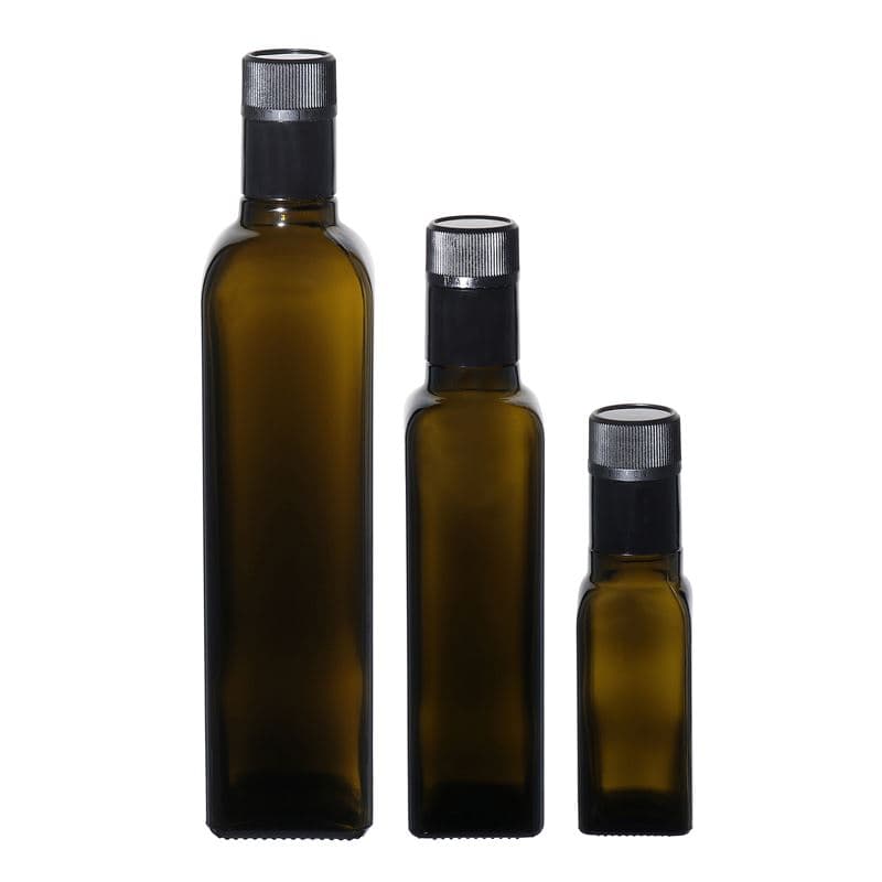 100 ml oil/vinegar bottle 'Quadra', glass, square, antique green, closure: DOP