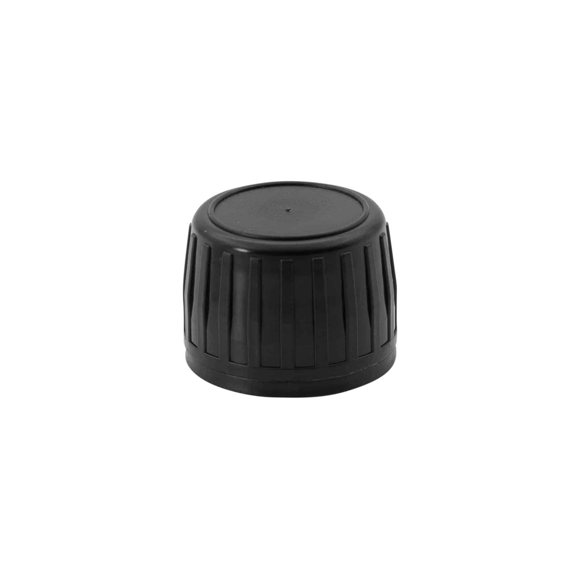 Screw cap with tamper evident seal, PP plastic, black, for opening: DIN 28
