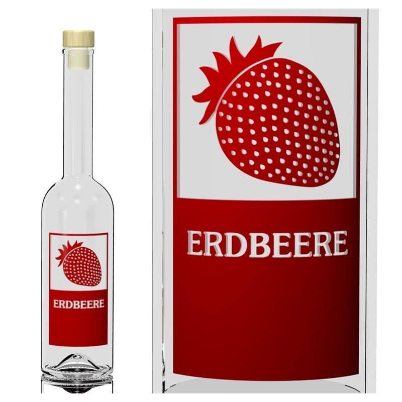 500 ml glass bottle 'Opera', print: “Erdbeere”, closure: cork