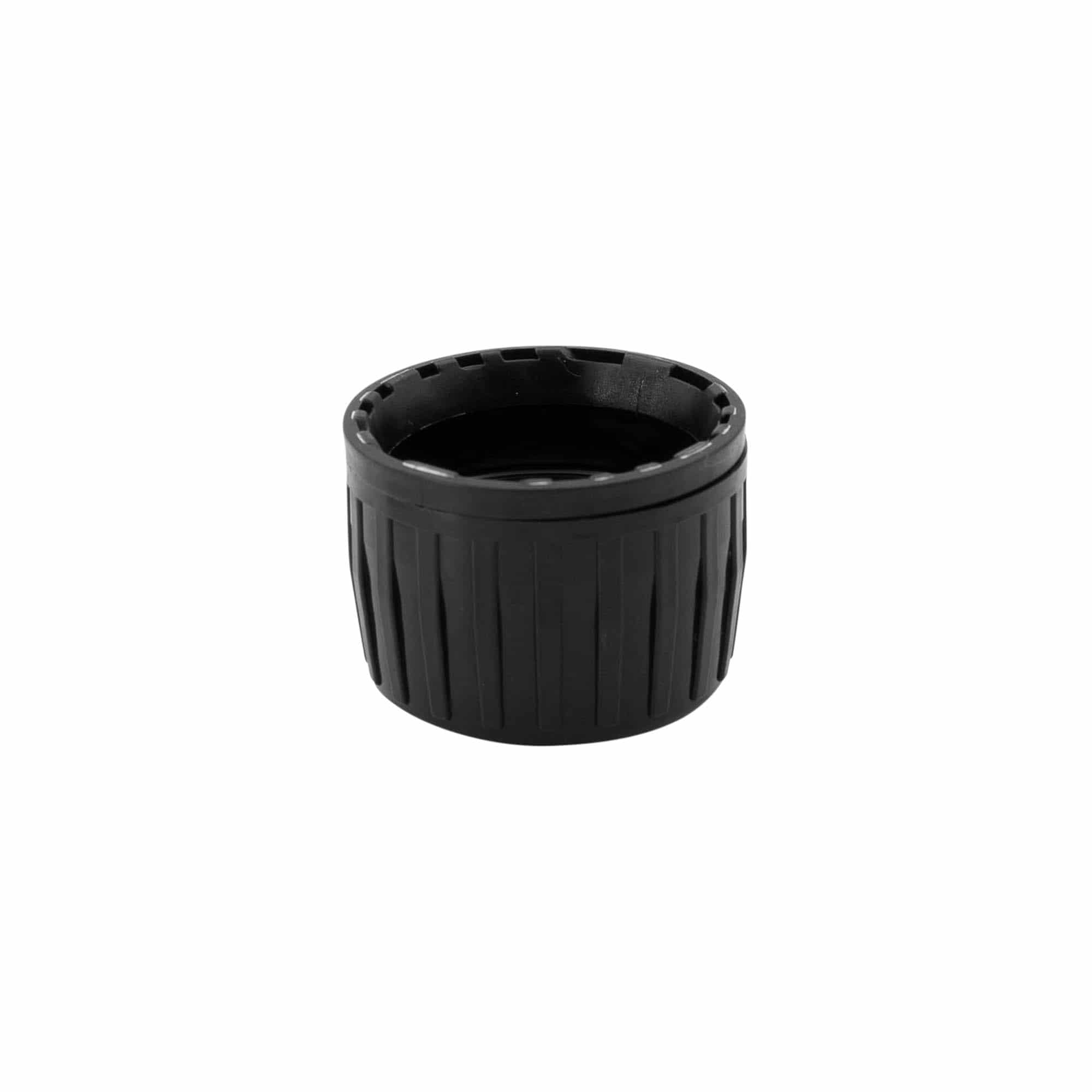 Screw cap with tamper evident seal, PP plastic, black, for opening: DIN 28