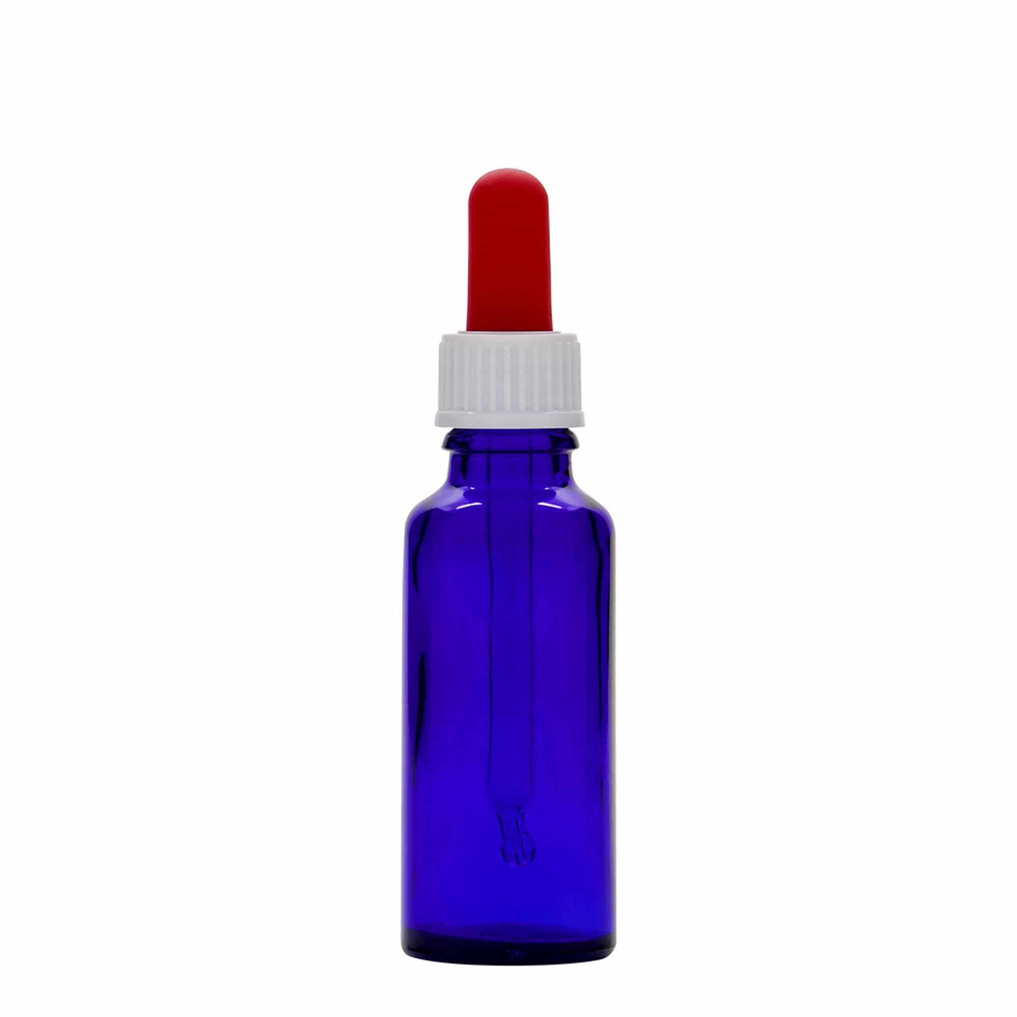 30 ml medicine pipette bottle, glass, royal blue/red, closure: DIN 18