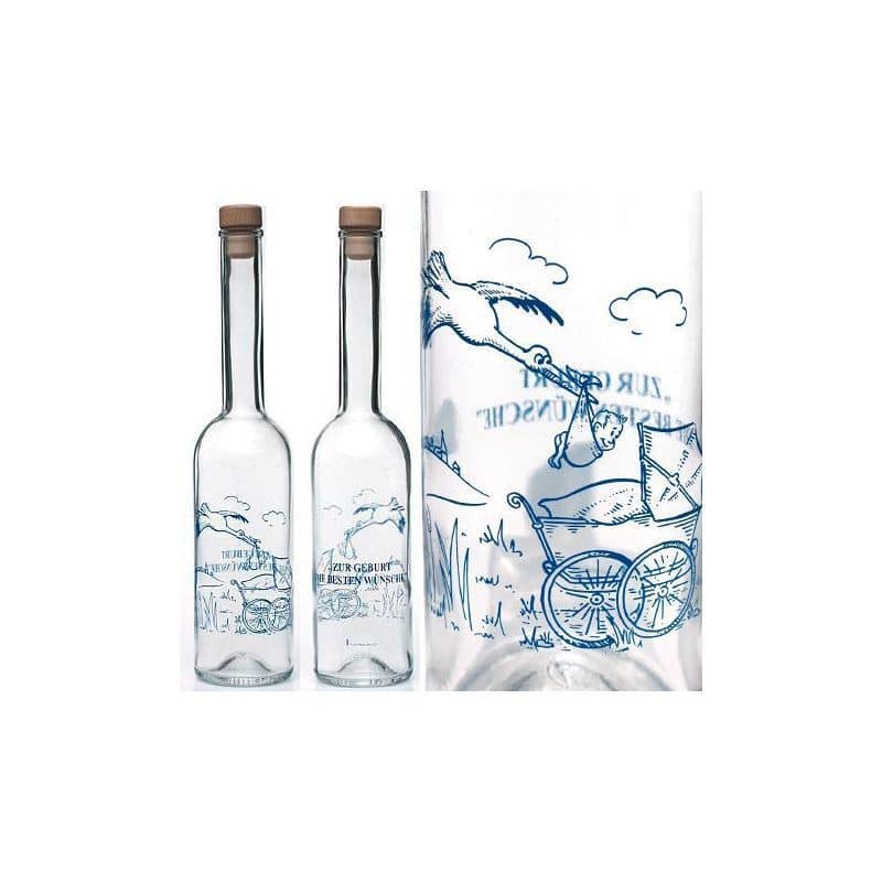 500 ml glass bottle 'Opera', print: new baby – blue, closure: cork