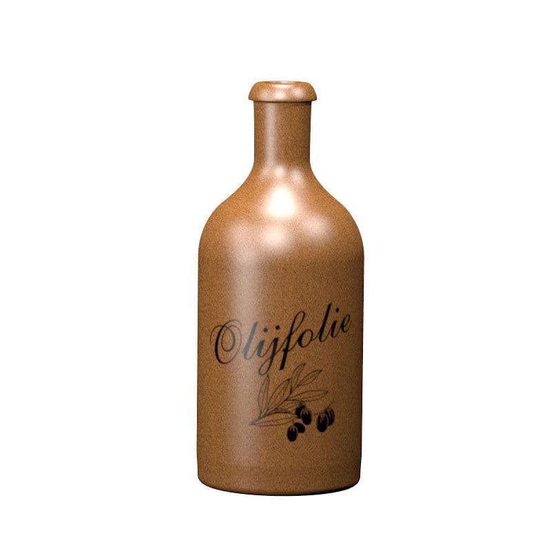 500 ml earthen jug, print: “Olijfolie”, stoneware, brown crystal, closure: cork
