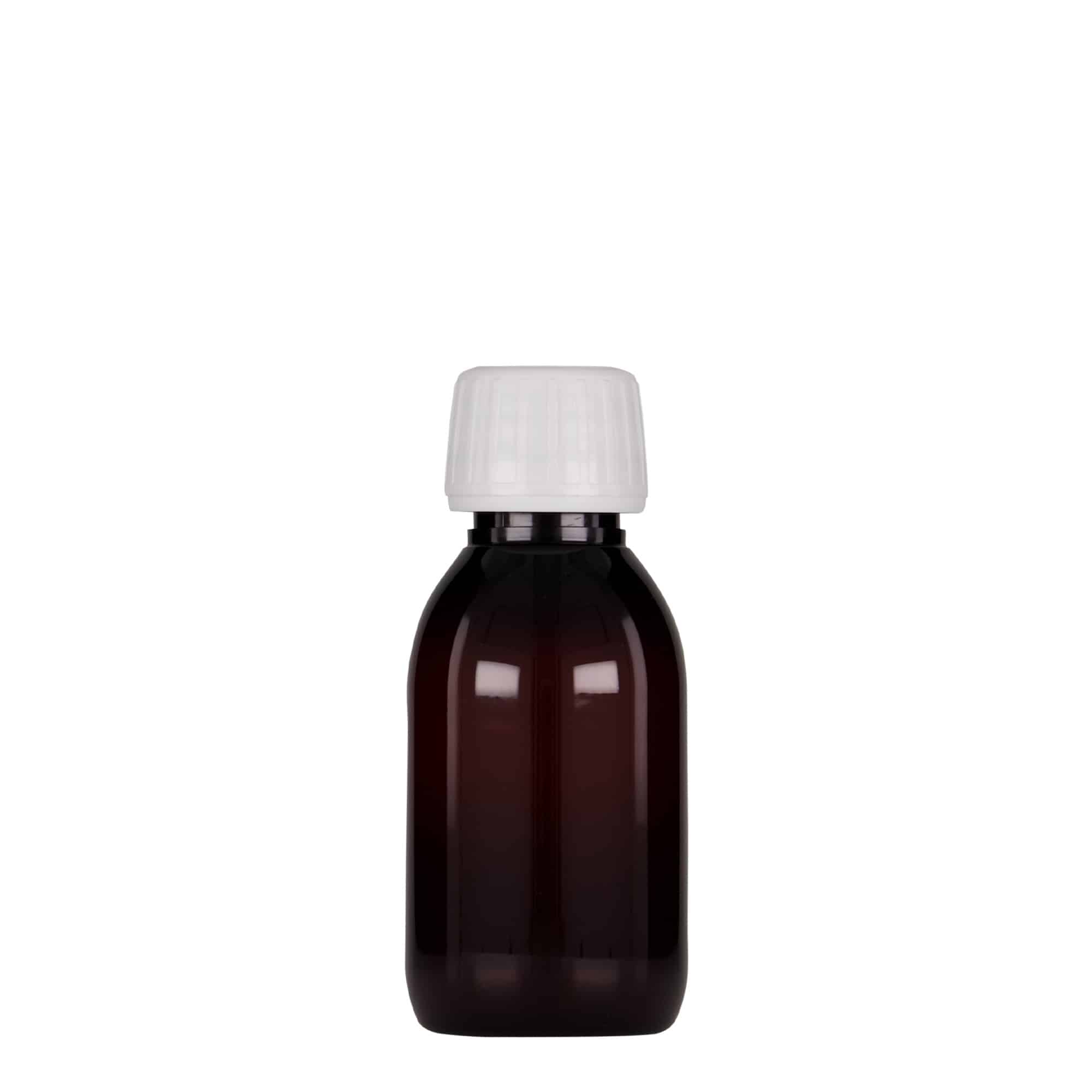 100 ml PET medicine bottle, brown, plastic, closure: PP 28