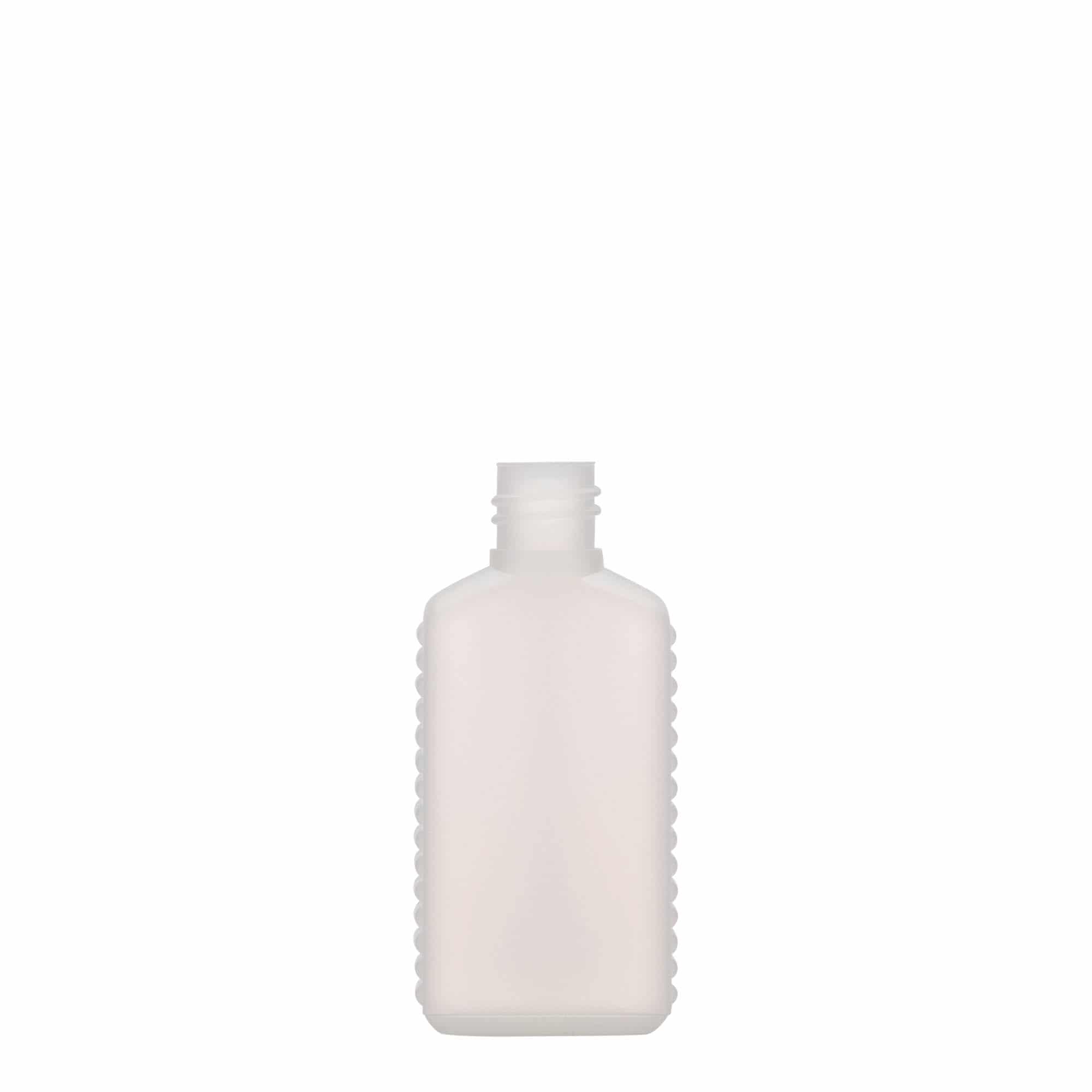 50 ml narrow neck canister bottle, rectangular, HDPE plastic, natural, closure: DIN 18