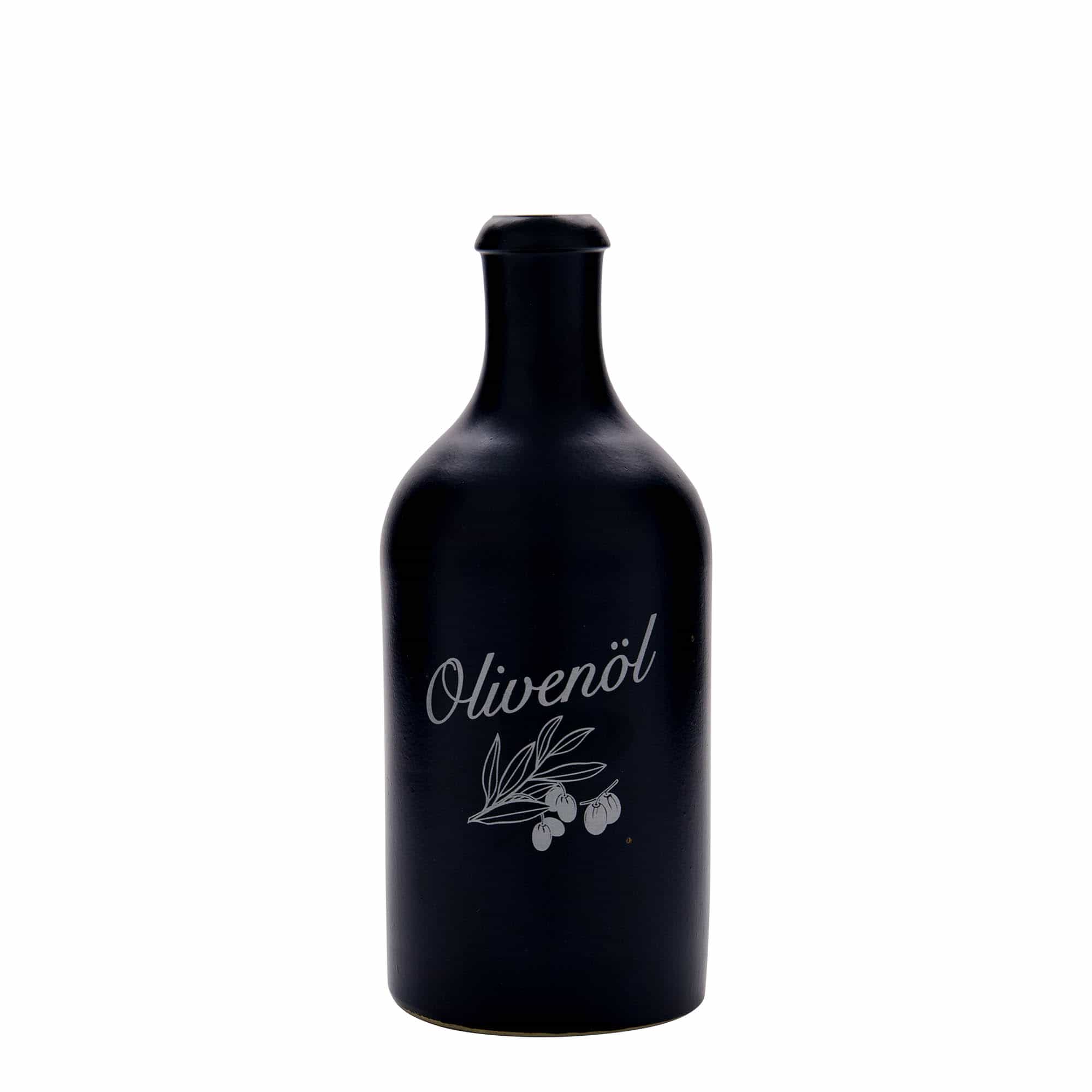 500 ml earthen jug, print: olive oil, stoneware, black, closure: cork