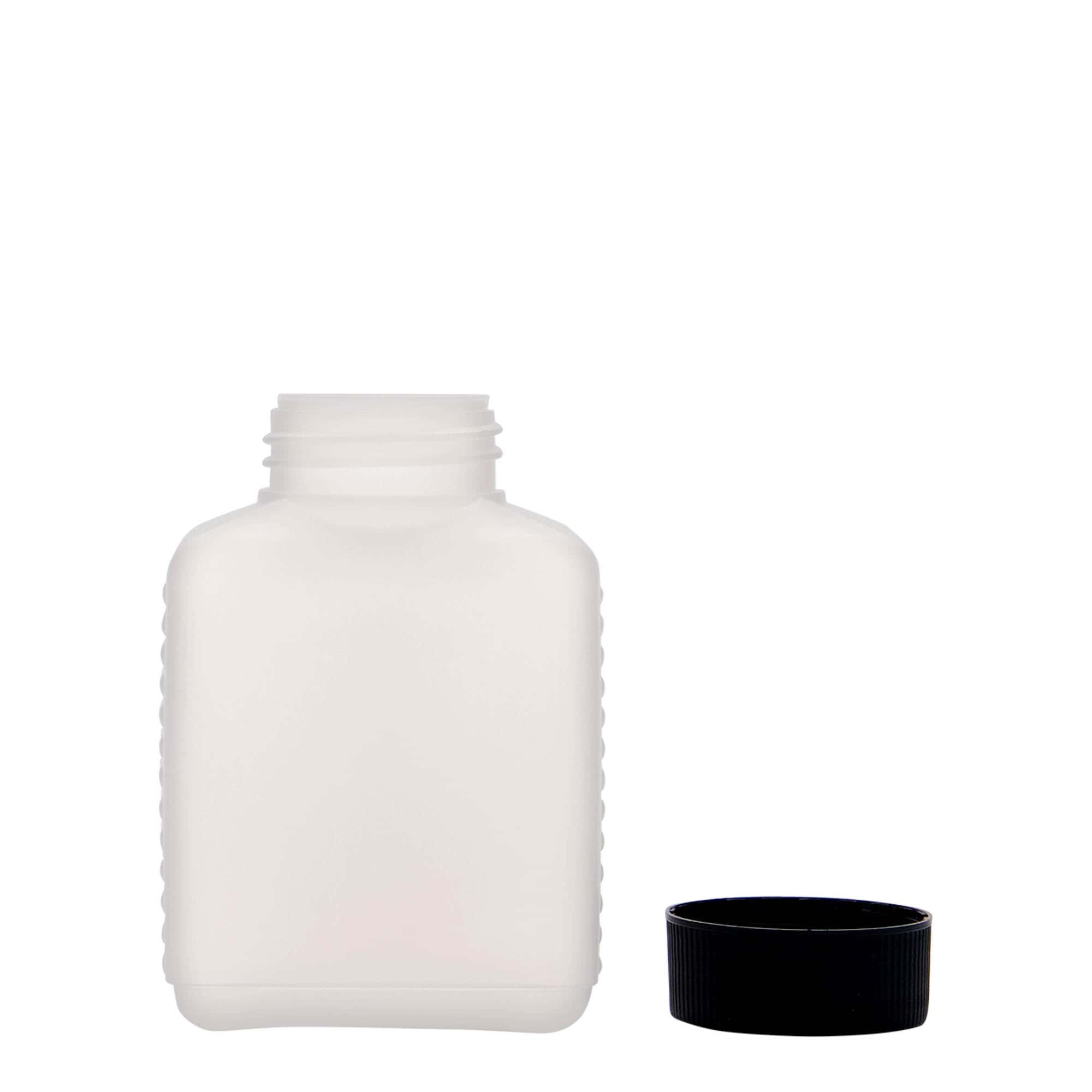 250 ml wide neck bottle, rectangular, HDPE plastic, natural, closure: DIN 40 EPE