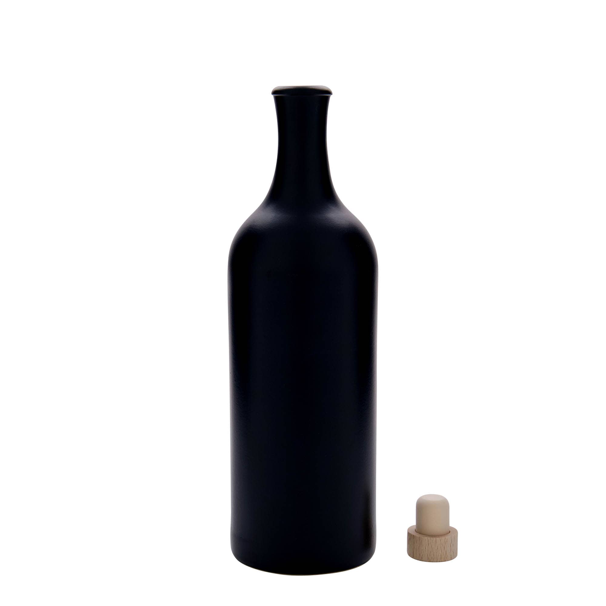 750 ml long neck earthen jug, stoneware, black, closure: cork